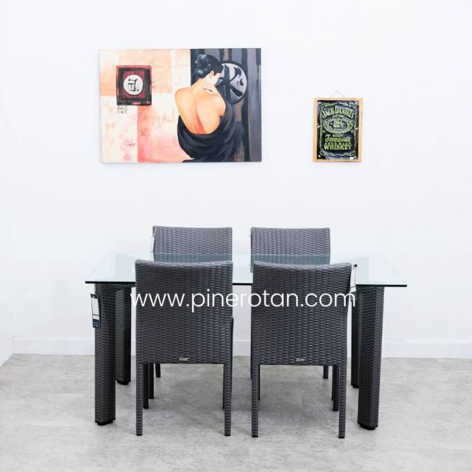 Set Meja Makan Kursi 4 Rotan Sintetis / Meja Makan Minimalis - Max Dining Set - Bean Dining Chair - Slate Grey.