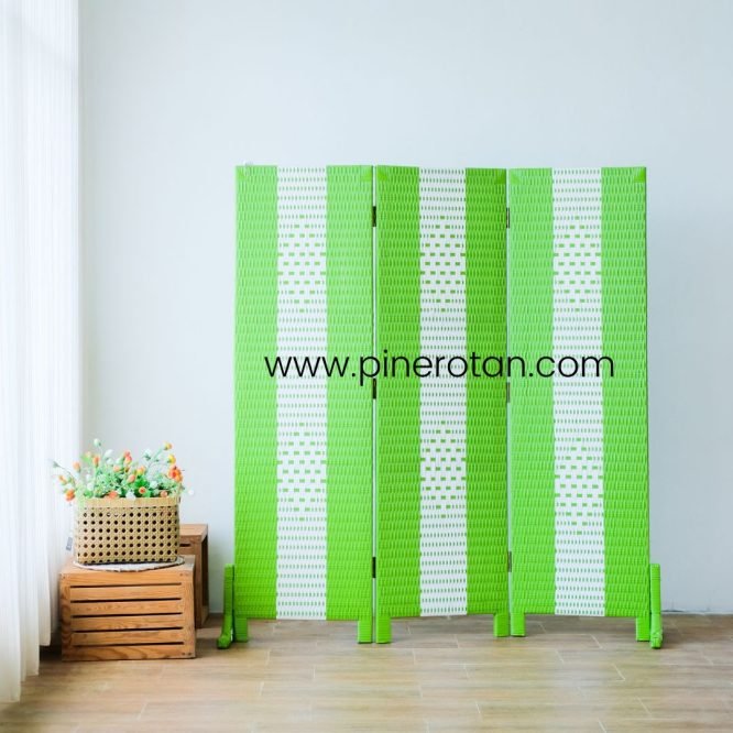 Sekat Ruangan Rotan Sintetis - Alonzo 3 Panel - Green-White