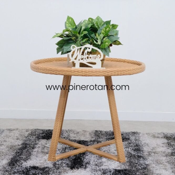 Meja Display Bulat Rotan Sintetis Warna Honey Natural - Fender Display Table - Plain Honey.