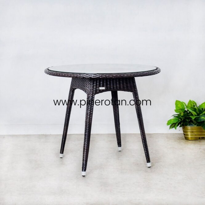 Meja Makan Bulat Outdoor Minimalis / Meja Makan Cafe Resto Pine Rotan Sintetis - Pine Round Dining Table - Dark Brown.