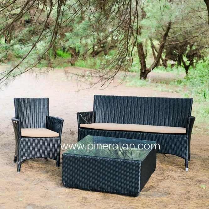 1 Set Meja Tamu Rotan Sintetis / Kursi Tamu - Kenko Living Set 3.1. - Toronto Coffee Table - Black with Cushion.