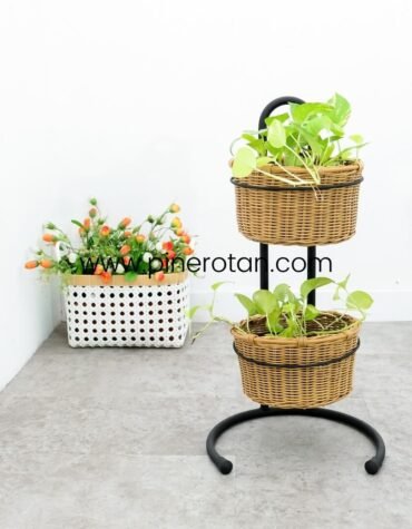 Basket Tanaman Rotan Sintetis - Vanity Basket Handle Set 2 - Plain Honey