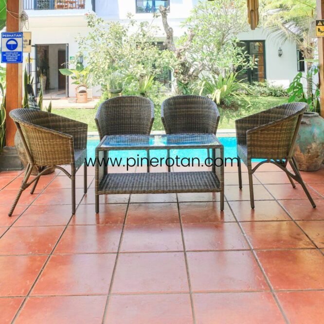 1 Set Meja Tamu Rotan Sintetis / Kursi Tamu –  Kingstone Living Set 4x1 - Fema Coffee Table - Palm Sugar