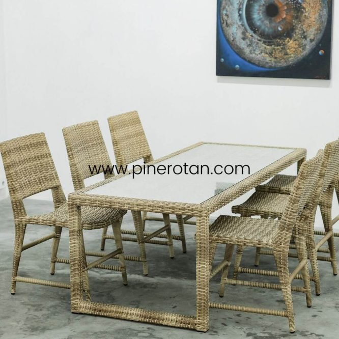 Meja Makan Panjang 200 CM Rotan Sintetis Outdoor Kapasitas 8 Kursi / Meja Makan Modern Minimalis Prasmanan Cafe Resto Pine Rotan - Esmeralda Dining Table - Seashell.