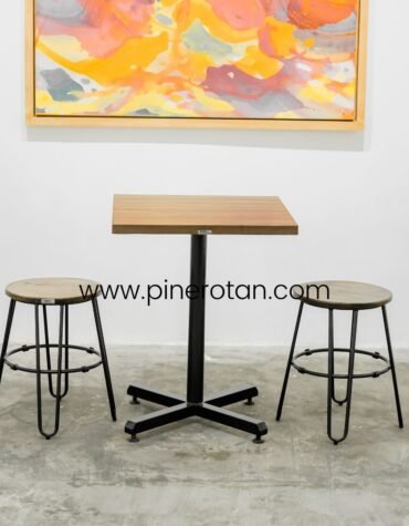 Set Meja Makan Industrial Kursi Besi Bangku Minimalis / Set Meja Makan Vintage Cafe Resto Pine Rotan - Eco Dining Set - Dorian Stool