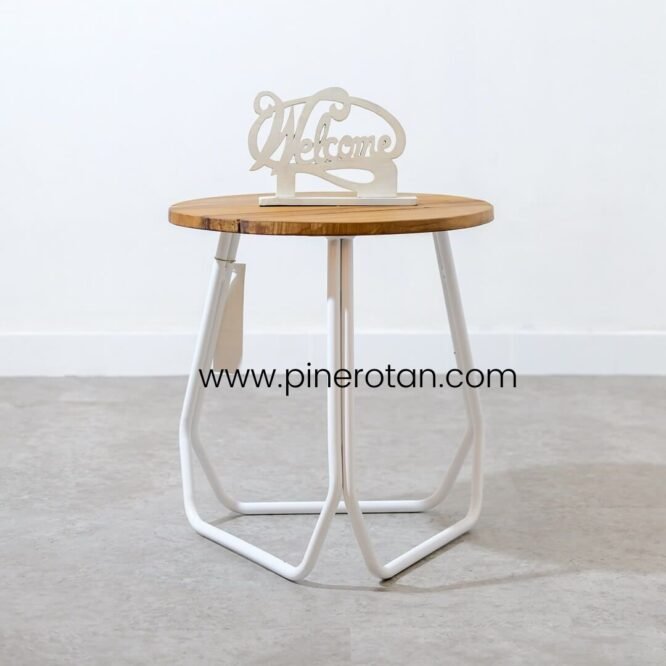 Meja Kayu Bulat Kaki Besi / Meja Kopi / Meja Teras Taman / Meja Serbaguna