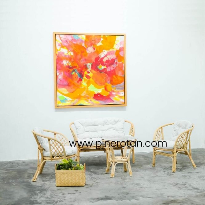 Set Meja Kursi Tamu Minimalis Rotan Alam / Kursi Ruang Tamu Modern Dengan Sandaran Dan Bantalan - Lauren Living Set.