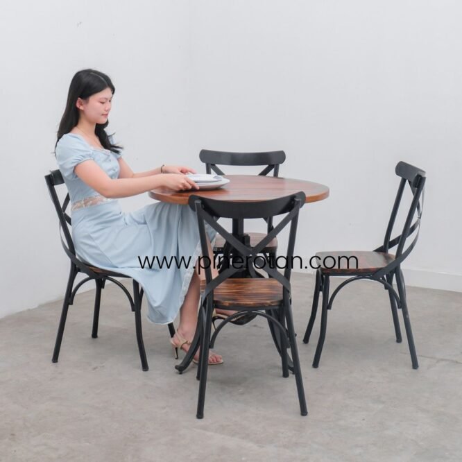 Set Meja Makan Bulat Kayu Vintage Resto Cafe 4 Kursi Besi Minimalis / Jangkar Dining Set - Colony Dining Chair