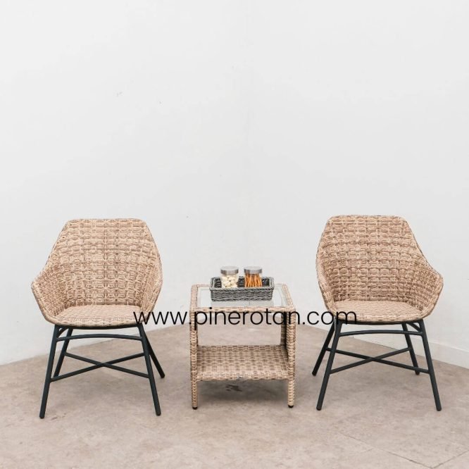 Kursi Teras Set Rotan Sintetis Minimalis Modern Pine Rotan Seashell / Marlyn Terrace Set - Fema Side Table - Seashell